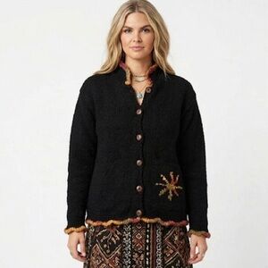 WORLD FOLK ART Wool Artisan Cardigan Black Knit Embroidered Celestial Heritage